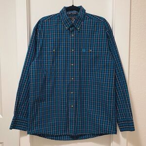 Wrangler Collection George Strait Plaid Long Sleeve Button Down Teal Blue Black
